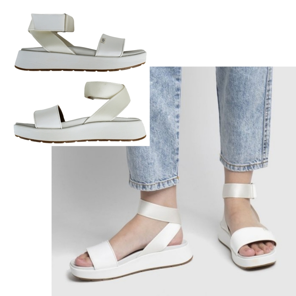 New Ugg Lennox textile patent leather platform wedge sandals strappy white boho